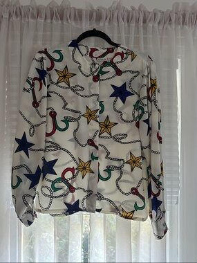 Vintage White Nautical Star-Print Long Sleeve Blouse